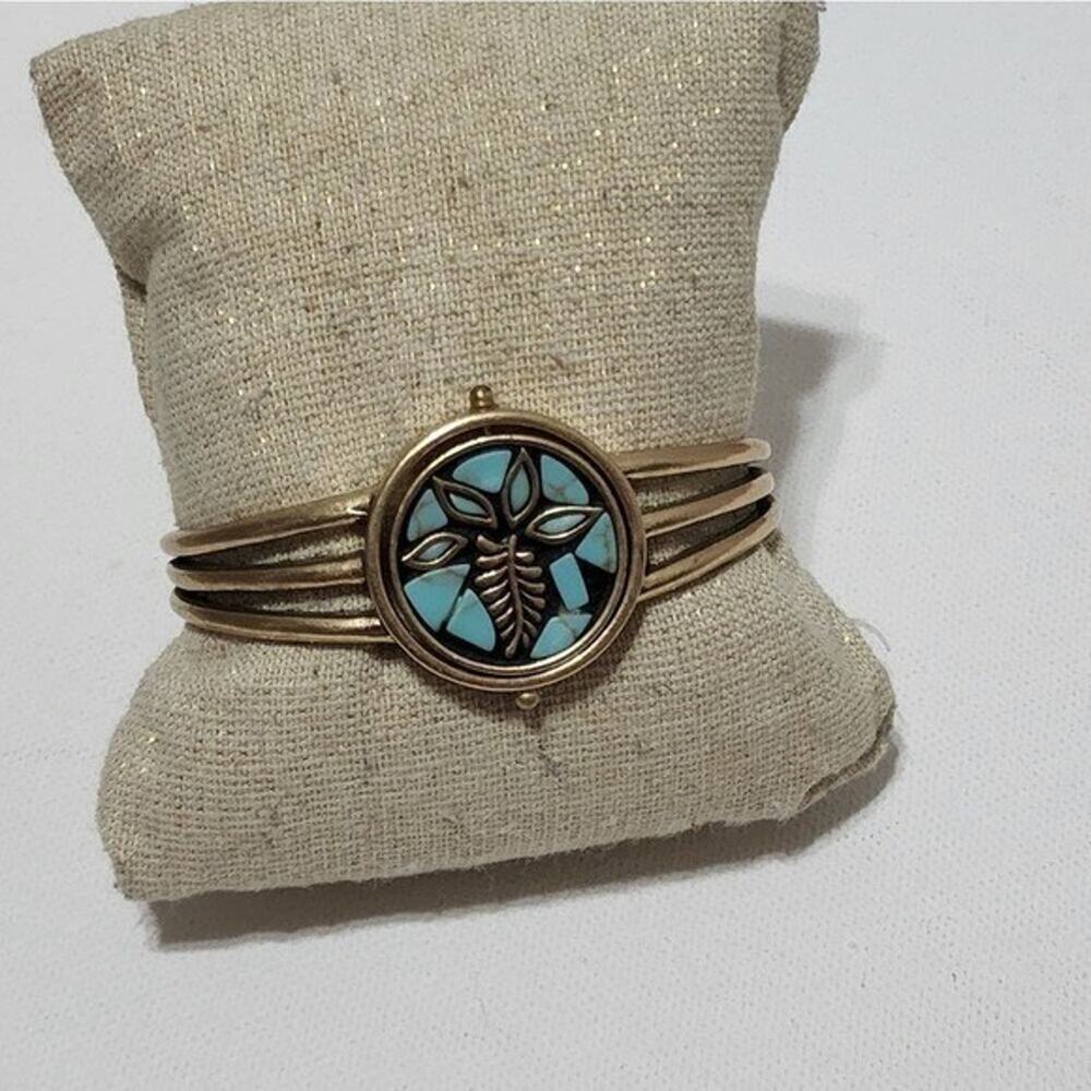 Lucky Brand Gold Tone Turquoise Mosaic Reversible Spinner Cuff Bracelet Floral